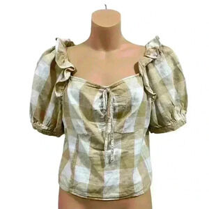 Who What Wear Top Womens Size M Beige White Plaid Linen Blend Puff Sleeve